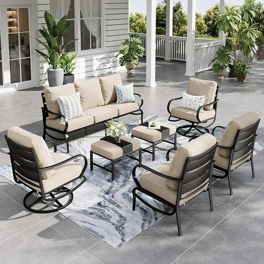 Sophia & William Patio Furniture Sets for 7 Outdoor Conversation Set 7 Pcs with 2 x Swivel Chairs, 2 x Armrest Sofa Chairs, 1 x 3-Seat Sofa, 2 x Ottomans for Coffee Garden Backyard Poolside Beige