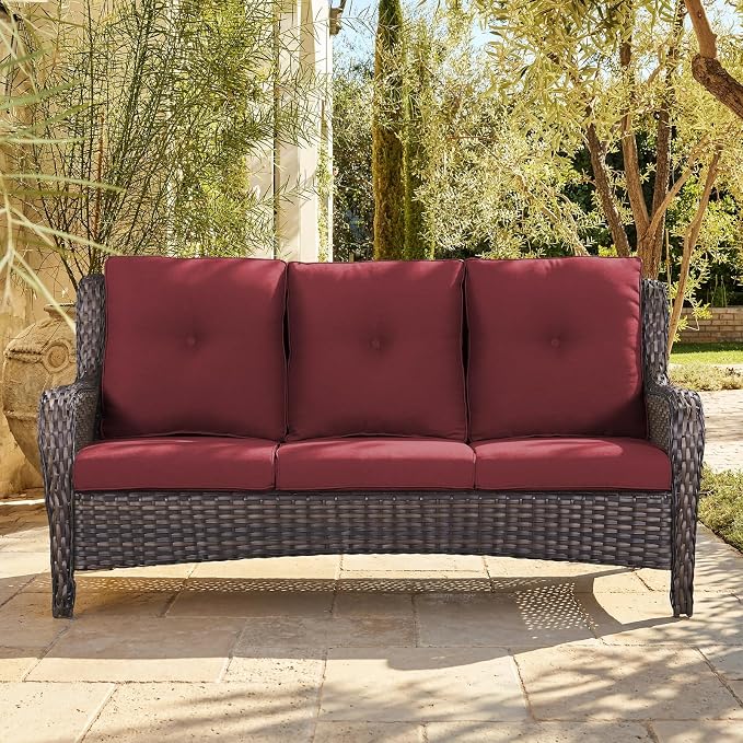 Belord Patio Sofa Luxury PE Wicker 3-Seater Outdoor Couch, Modern All-Weather High Back Deep Seat Woven Furniture Set for Porch, Deck, Balcony, Backyard - Brown/Red