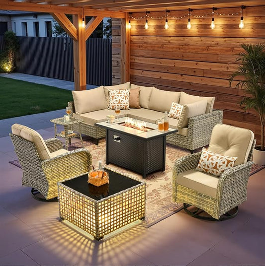 9 Pieces Patio Sectional Furniture Set, Outdoor Wicker Sectional Couch with Firepit Swivel Rocker Chairs Solar Lights Table, Modern Conversation Set for Porch Balcony Backyard, Beige