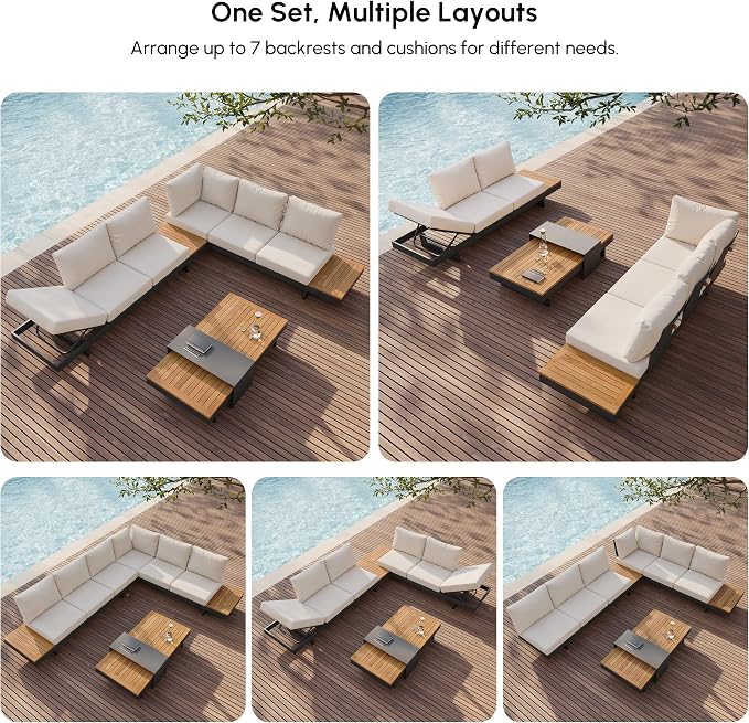 homary 6 Piece Aluminum & Teak Outdoor Sofa Set, Patio Sofa Seat L-Shaped Outdoor Sectional Sofa Set with Adjustable Backrests, Waterproof, Fade Resistant Cushions Ideal for Patios & Balconies,Beige