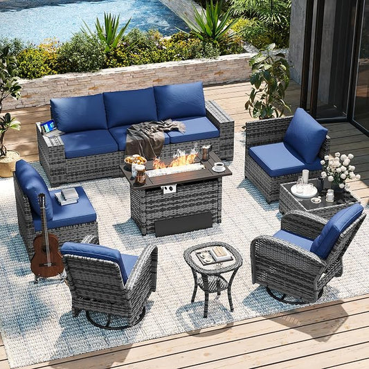 Aoxun 10-Piece Patio Furniture Set with 44” Fire Pit Table, Widen Armrests Wicker Rattan Outdoor Sectional Sofa with Swivel Chairs, Outdoor Patio Furniture Set with Thick Cushions & Ottoman, Blue