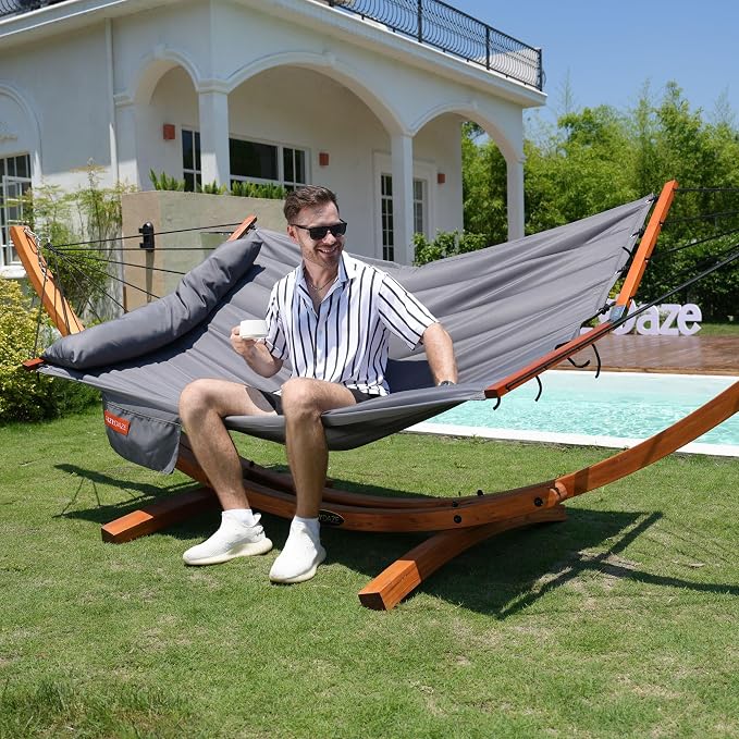 Lazy Daze Hammocks 12FT Quilted Double Hammock with V-Spreader Bar, 2 Person Portable Hammock with Nylon Rope, Side Pocket and Pillow, 450lbs Capacity, Includes Carry Bag for Outside, Grey
