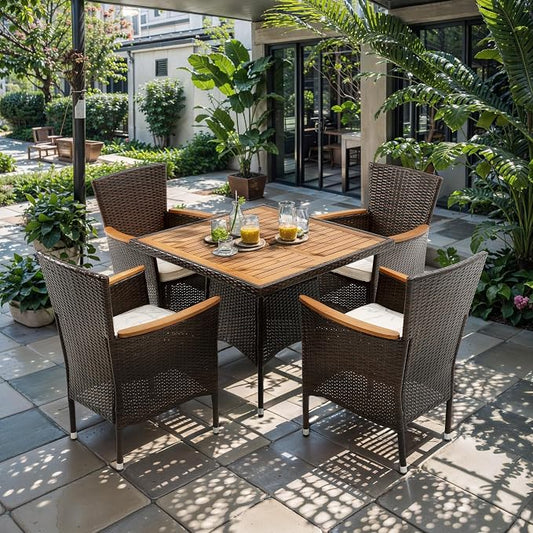 RoyalCraft 5 Piece Patio Wicker Dining Sets for 4, Water-Resistant Rattan Outdoor Dining Table and 4 Chairs with Wood Table Top, Conversation Set Removable Cushions for Deck, Garden, Backyard, Brown