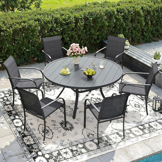 DIFY 7 Pieces Outdoor Patio Dining Set for 6, 47.2" Round Metal Dining Table and 6 Stackable Textilene Patio Chairs, Outdoor Table and Chairs for Backyard Garden Poolside, Grey