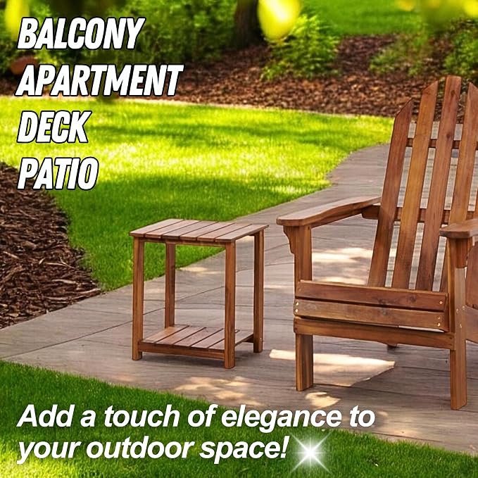 Patio Wise Square Acacia Wood Side Table, 2-Tier Indoor/Outdoor Wooden Accent Tables, Deck, Balcony, Porch, & Patio Furniture, 15-Inches Long x 15-Inches Deep x 17-Inches High, Teak