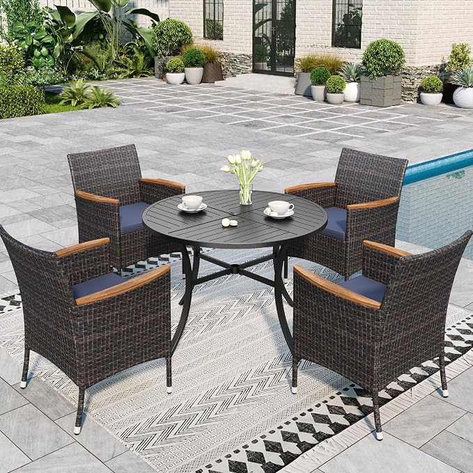 Sophia & William 5 Pieces Round Patio Dining Set for 4 People, 42" Dia Round Outdoor Table with Umbrella Hole, All Weather Patio Table and Wicker Chairs Set for Outside