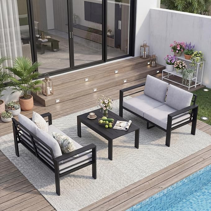 Aluminum Patio Furniture Set, 3 PCS Metal Oversized Outdoor Furniture Set Washable Thick Cushions, 4 Seat Patio Conversation Set with 3.54” Wide armrest and Coffee Table for Patio, Garden