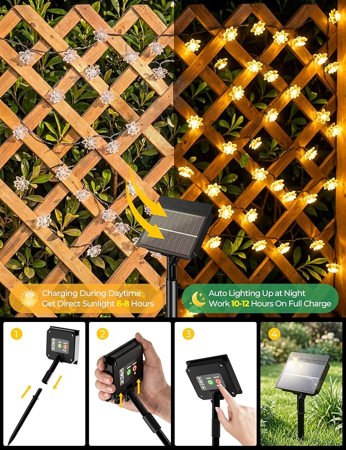 Brightown 50 LED Flower Solar String Lights Outdoor Waterproof, Warm White | Solar Christmas Lights with 8 Modes, Fairy Lights for Garden Fence Yard Lawn Tree Wedding Party