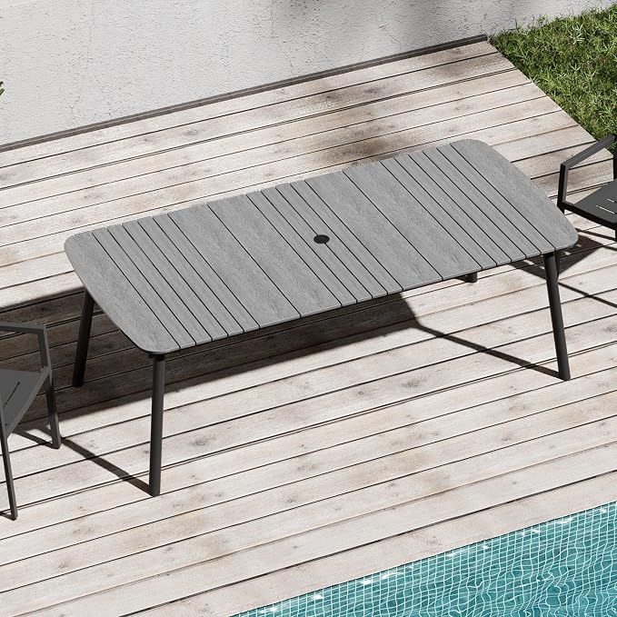 Outdoor Dining Table for 8, 82" Patio Table | Grey Rectangle Table with Aluminum Frame and Waterproof Wood Grain Tabletop for Lawn Backyard Garden Poolside