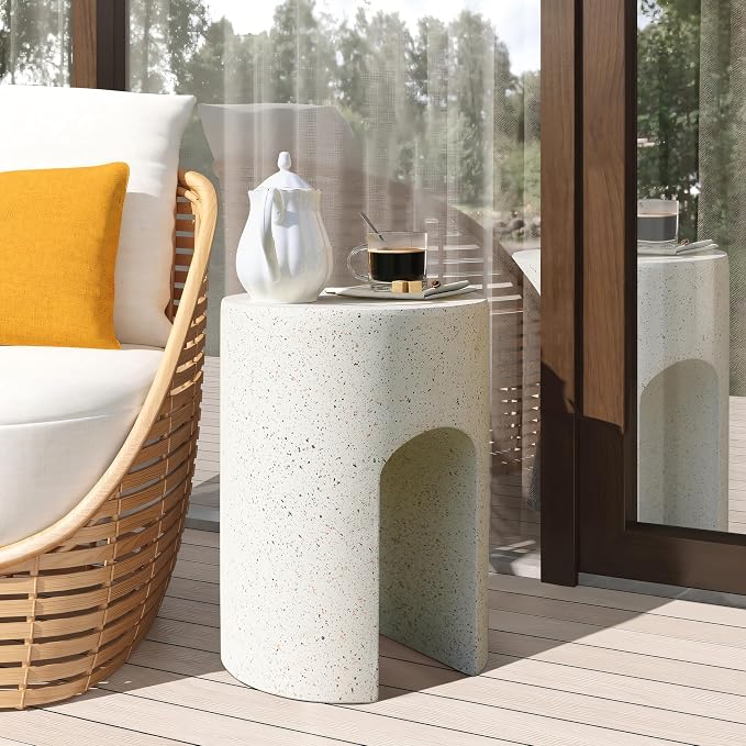 LuxenHome Mod Cream Cement Round with U-Shape Outdoor Side Table, Set of 2