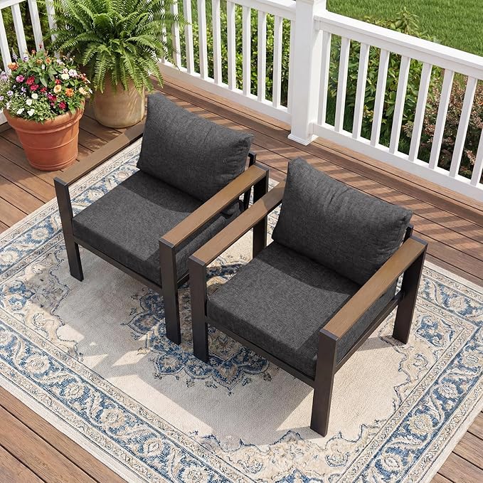 Patio Furniture Armchair Set of 2, All-Weather Patio Sofa with Washable Thick Cushion, Deluxe Aluminum Modern Outdoor Sectional for Porch, Balcony, Deck, Yard, Dark Gray