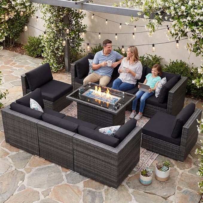 NICESOUL 9 Piece Outdoor Patio Sectional Furniture Set with Firepit Table Natural Gas/Propane, 29.3 High Back Comfy Conversations for Outside, 8 Seats Large Rattan Couch, 2 Color Cushion Black &Grey