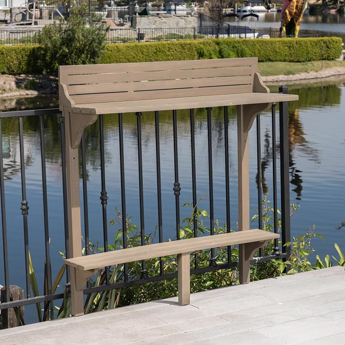 Merax Outdoor Balcony Bar Table, Wall Mounted Folding Patio Bar Table with Acacia Wood Top, Space Saving Table for Balcony Railing, Small Spaces, Gray