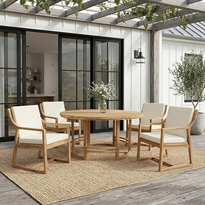 WILLIAMSPACE 5-Piece Acacia Wood Round Outdoor Patio Dining Set with 4 Chair, Light Teak
