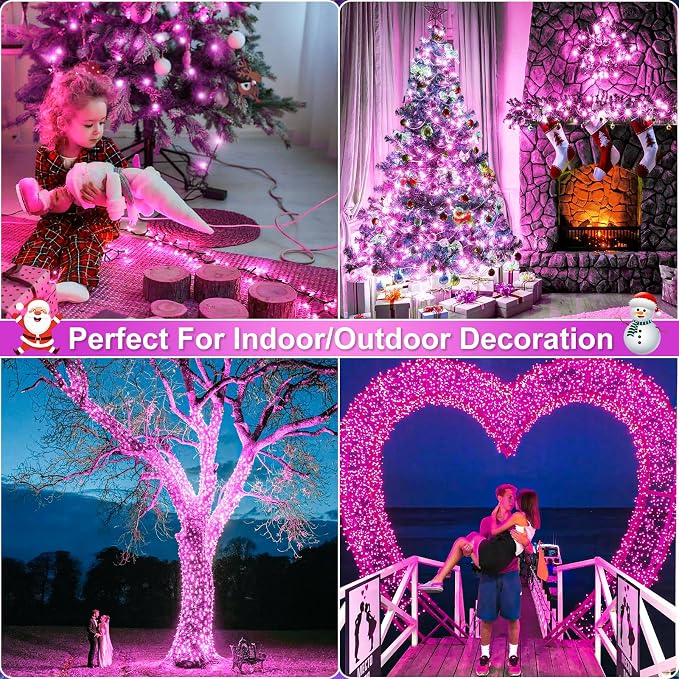 Pink Christmas Lights Outdoor, 66FT 200 LED Christmas Tree Lights | Waterproof 8 Modes Connectable String Lights for Outside Indoor Bedroom Home Patio Yard Party Holiday Decorations