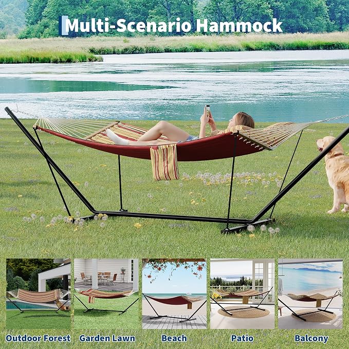 2 Person Hammock with Stand for Outdoor, 475 Lbs Capacity, Heavy Duty Portable Hammock with Adjustable Steel Stand for Patio, Garden, Beach, Backyard - Includes Carrying Bag