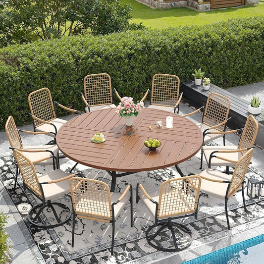 DIFY 11 Pieces Outdoor Dining Set for 10, 63" Walnut Round Metal Table with 6 Stackable Wicker Patio Chairs & 4 Swivel Chairs, Patio Furniture Set with Cushions and Umbrella Hole, Wheat Rattan
