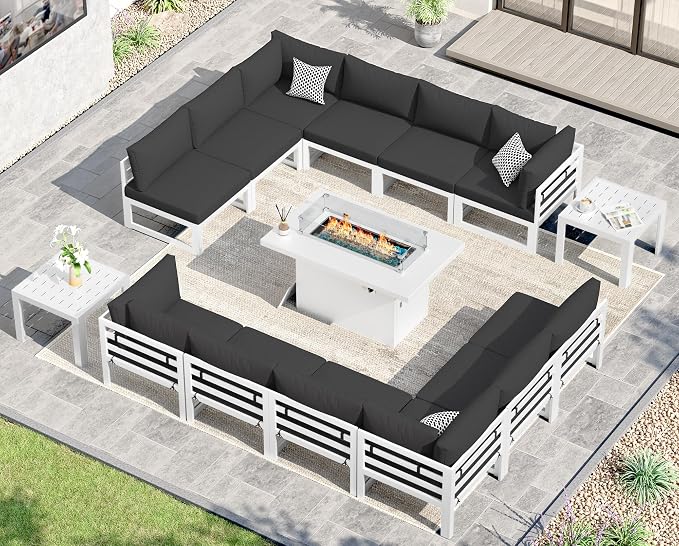 NICESOUL 15 Piece Aluminum Patio Furniture Set with Fire Pit Table, Oversized Modular Outdoor Sectional Sofa, 29 inch Deep Wide Seat， Conversation Set with End Table for Patio Garden Backyard, Black