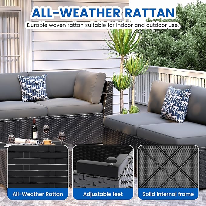 8 Piece Patio Furniture Set with 44” Fire Pit Table All-Weather Wicker Conversation Sectional Sofa & Coffee Table with Thickened Cushions for Backyard, Garden(Grey)