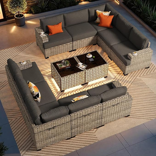 CAODOC Patio Furniture Sets 12 Pieces Outdoor Sectional Rattan Sofa Manual Weaving Wicker Patio Conversation Set with Ottomans and T Cushion(Black)