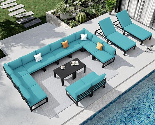 NICESOUL 14 Person Modern Aluminum Outdoor Patio Furniture Set with Chaise & Side Table, 29" Wide Deep Seating, Water Resistant Modular Sectional Couch, Oversized Conversation Set for Poolside, Teal