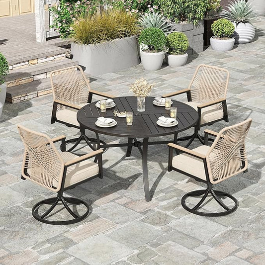 HERA'S HOUSE 5pc Patio Dining Set, 42" Round Table & Swivel Rattan Chairs | Metal table with umbrella hole, cushioned chairs. Waterproof, rust-resistant, all-weather for backyard, porch.