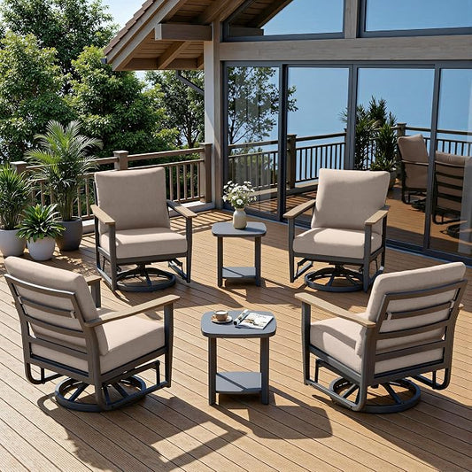 6-Piece Patio Rocking Swivel Chair Outdoor Aluminum Bistro Set with Coffee Table, Outdoor Patio Furniture Set with High Backrest & Thickened Cushions for Garden, Deck and Balcony, Sand