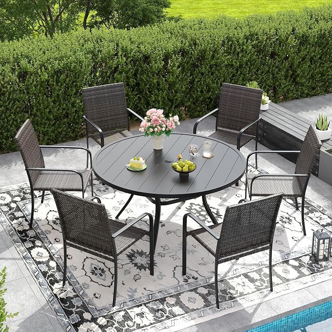 DIFY 7 Piece Outdoor Dining Set, Patio Table and Chairs Set for 6 with Umbrella Hole, 47.2" Black Round Dining Table & Stackable Wicker Patio Chairs, Metal Patio Furniture Set for Garden Backyard