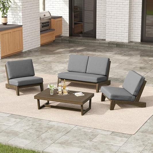 4 Pieces Patio Furniture Sets, All-Weather Outdoor Wood Bistro Set Patio Conversation Coffee Table Chiars and Patio Loveseat for Balcony, Backyard