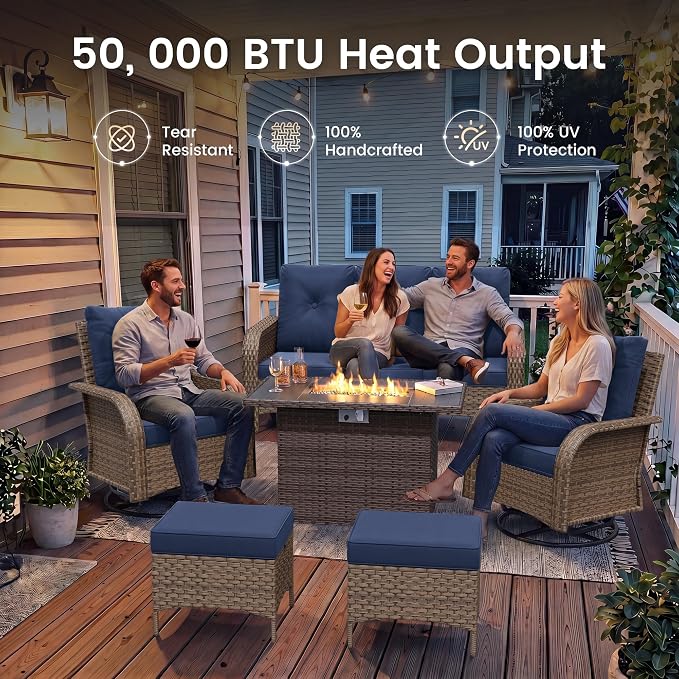 UDPATIO Patio Furniture Set with 44" Fire Pit Table, High Back 4 Swivel Rocker Chairs, Wicker Outdoor Conversation Sets with Thick Cushions & Ottoman, for Garden, Porch