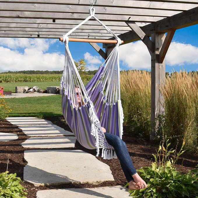 Vivere Cotton Hammock Chair with Hardwood Spreader Bar - 250 lb Capacity (Tranquility)