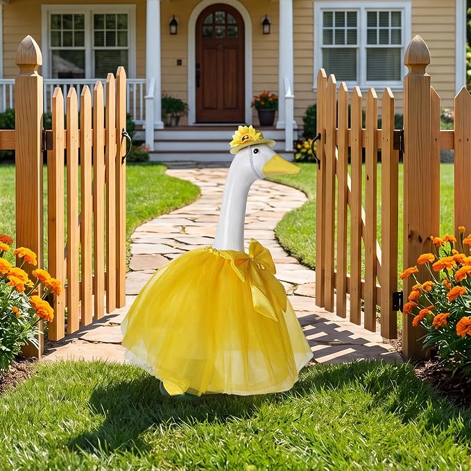 Summer Porch Goose Outfit Set with Floral Dress & Hat for 23" Goose Statue (Yellow)