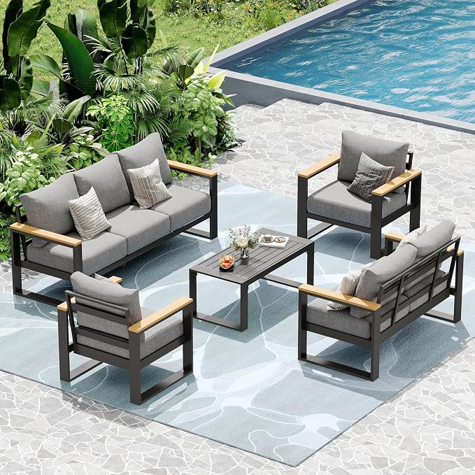 Aluminum Patio Furniture Set, 5 Piece Metal Outdoor Furniture Set with 6″ Thick Washable Cushions & Coffee Table, All Weather Patio Conversation Sets for Yard, Poolside, Garden (Grey)