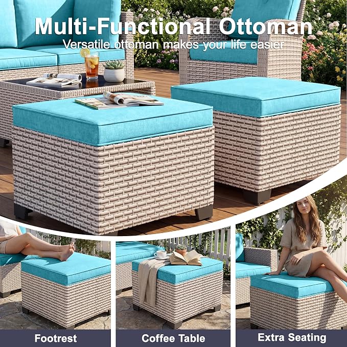 Patio Furniture Set, 9-Piece Outdoor Sectional Sofa with Ottomans & 2-Layer Glass Coffee Table, Wicker Patio Conversation Set with Cyan Cushions for Poolside