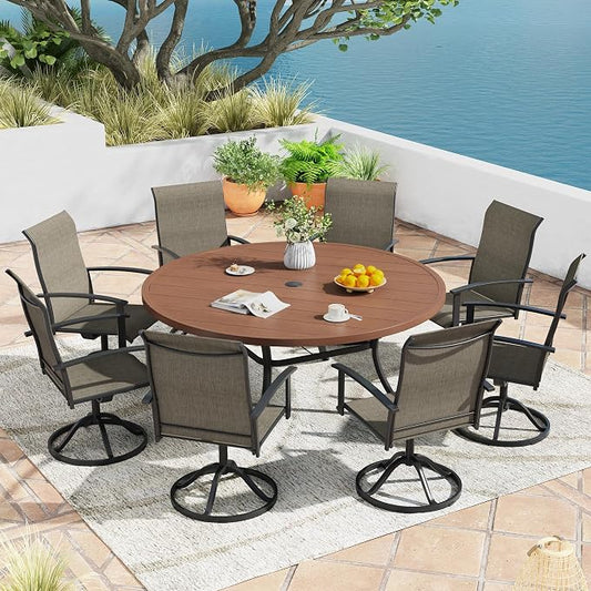 9 Pieces Outdoor Patio Dining Table Set, 60" All Weather Round Metal Table with Umbrella Hole and 8 High Back Textilene Swivel Chairs for Garden, Lawn, Poolside, Walnut Table & Brown Chairs
