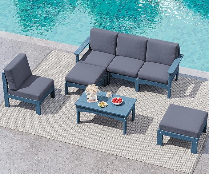 SERWALL 7 Pieces Patio Conversation Set, Heavy Duty HDPE Outdoor Sectional Sofas with Cushions and Coffee, All-Weather Outdoor Couch Set for Backyard, Deck and Porch, Blue Frame with Grey Cushion