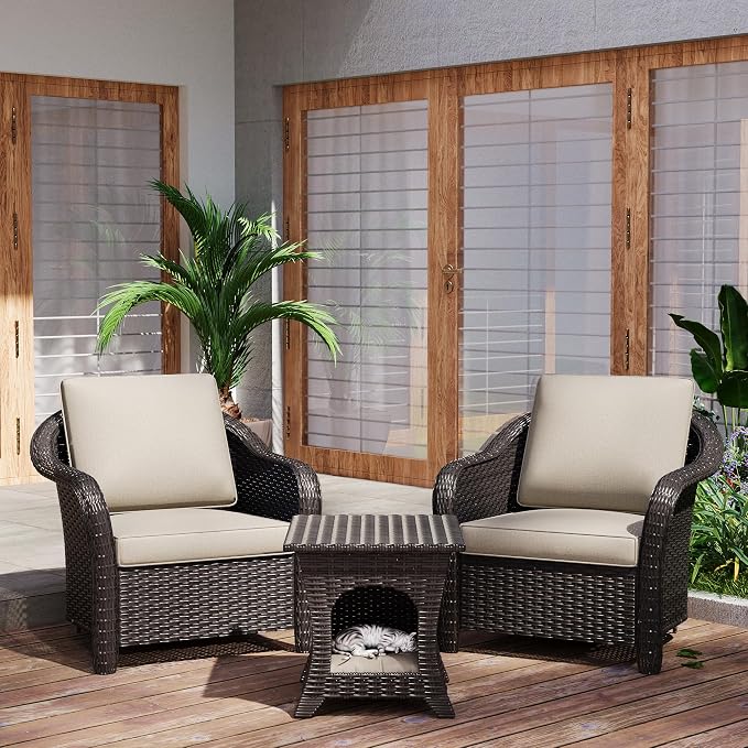 Patio PE Rattan Chairs Set of 2 with Cat Nest End Table, All-Weather & Steel Frame Outdoor Conversation Furniture Set with Washable Cushions for Garden, Bistro, Deck, Yard (Beige)
