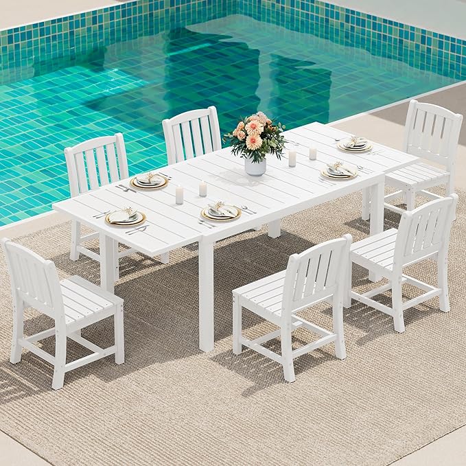 SERWALL Outdoor Patio Dining Set for 6, White | 60" - 83" Expandable Outdoor Dining Table and 6 HDPE Chairs, All Weather Material Outdoor Furniture Set Backyard, Garden