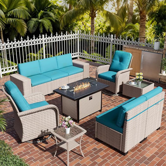 10 Pieces Patio Furniture Set with Fire Pit Table, Outdoor Sectional Wicker Sofa with Thick Cushions, High Back Swivel Rocker Patio Chairs, Rattan Conversation Set with Coffee Table, Cyan