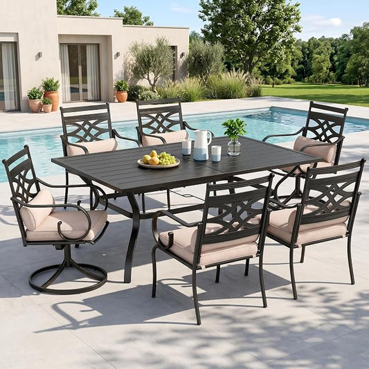 MFSTUDIO Patio Dining Set, 60" Metal Table, Swivel Chairs, Umbrella Hole | Mixed Swivel and Fixed Chairs, Seats 6, All-Weather Use
