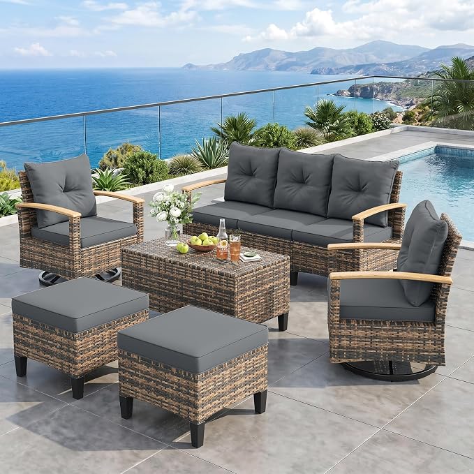 UDPATIO Patio Furniture Set with Swivel Chairs, 6 Pieces Outdoor Wicker Conversation Set with Storage Table for Lawn, Porch, Garden, Backyard, Grey