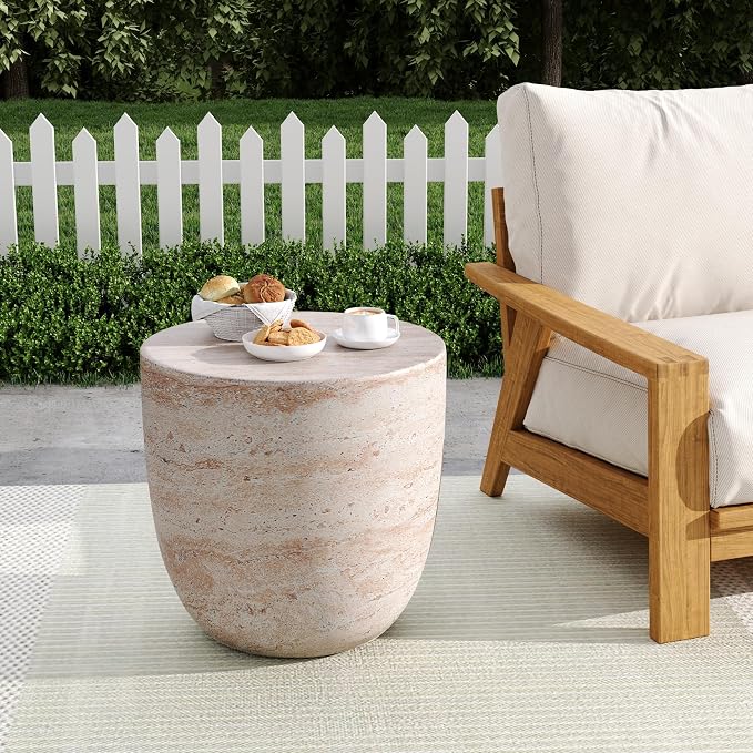 Outdoor Side Table Faux Marble End Table Faux Stone Side Tables Travertine Small Coffee Tables for Indoor Outdoor, Garden Stool Plant Stand for Porch, Backyard Patio, Bowl