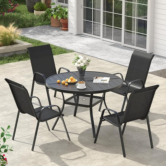 VICLLAX Round Outdoor Patio Dining Set for 4, Metal Slatted Patio Table with Umbrella Hole and 4 Stackable Patio Chairs for Deck Lawn Garden, Black Fabric and Black Tabletop