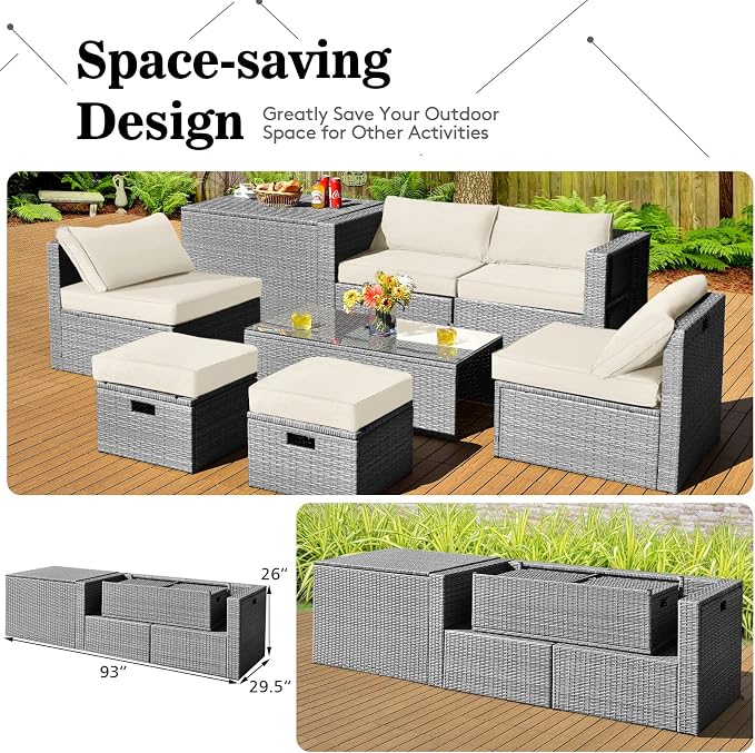 DORTALA 8 Pieces Patio Furniture Set, PE Rattan Sectional Sofa Set with Tempered Glass Table & Waterproof Cushions, Outdoor Wicker Conversation Set for Balcony, Poolside, Off White