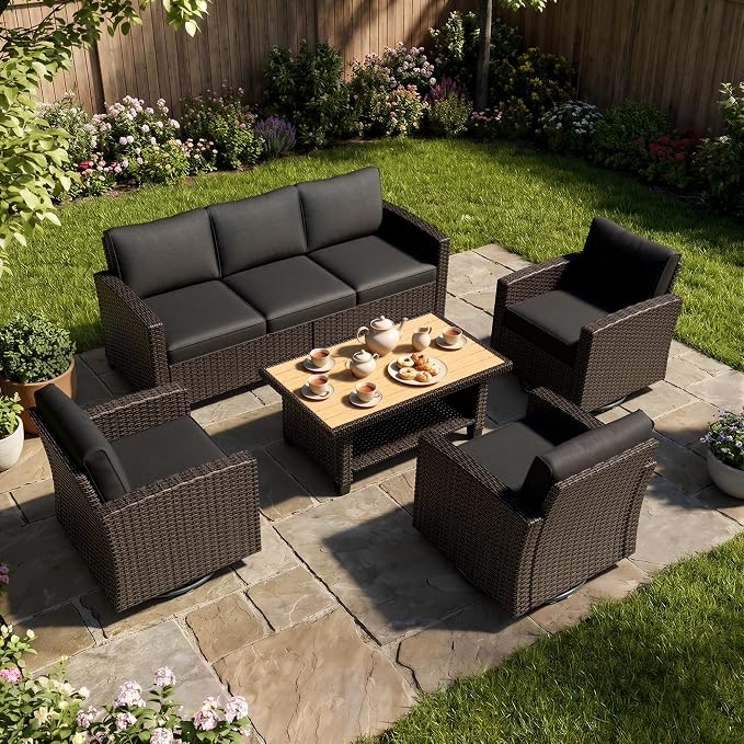 WWR Patio Furniture Set-30% Thicker Wicker-Luxury 5 Piece PatioWicker Outdoor Patio Conversation Set with Extra Wide & Thick Cushions, Swivel Rocking Chairs for Backyard, Porch & Deck