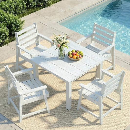 LOUNZY 5 Piece Outdoor Dining Table Set for 4, Patio Furniture, White | 4 seat Outdoor dining set, weather resistant HDPE, UV and moisture resistant, built for long-term backyard