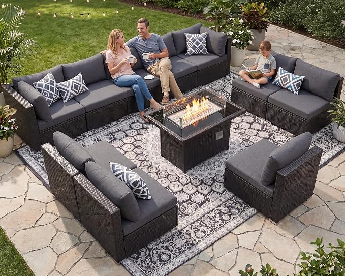 NICESOUL 11 Pcs Modern Outdoor Patio Sectional Furniture Set with Fire Pit Table, 29.3'' High Back Conversation Sets with Firepit, Cozy Large U-Shaped L-Shape Couches, Brown Rattan and Gray Cushion