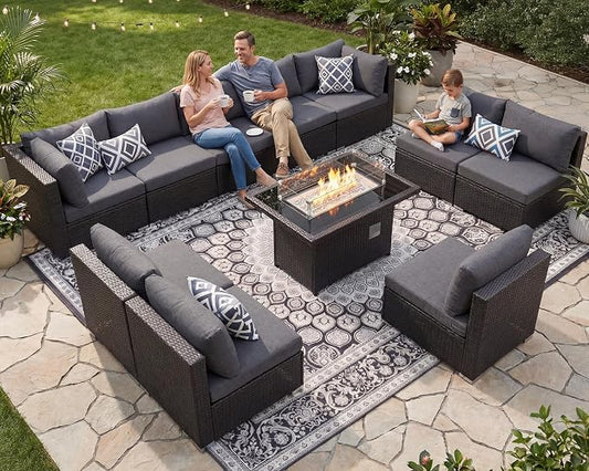 NICESOUL 11 Pcs Modern Outdoor Patio Sectional Furniture Set with Fire Pit Table, 29.3'' High Back Conversation Sets with Firepit, Cozy Large U-Shaped L-Shape Couches, Brown Rattan and Gray Cushion