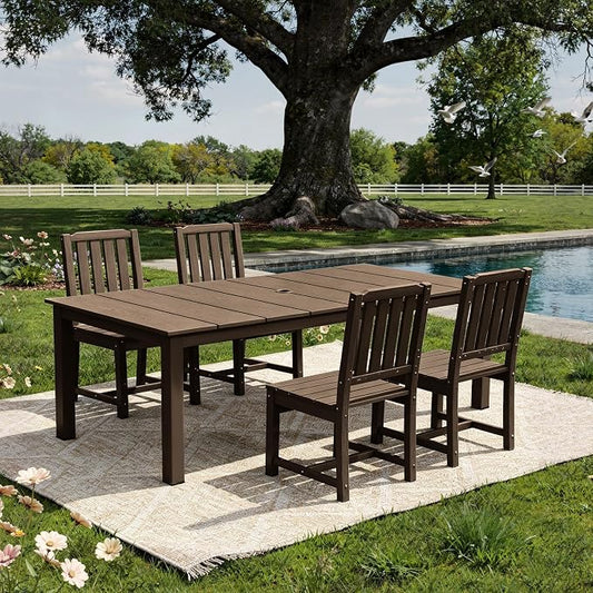 AreShark 5-Piece Outdoor Dining Set,HDPE Patio Table with 4 Armless Chairs,All-Weather Patio Furniture Set with Umbrella Hole,Low Maintenance Wood Grain Dining Set for Backyard,Garden,Poolside,White