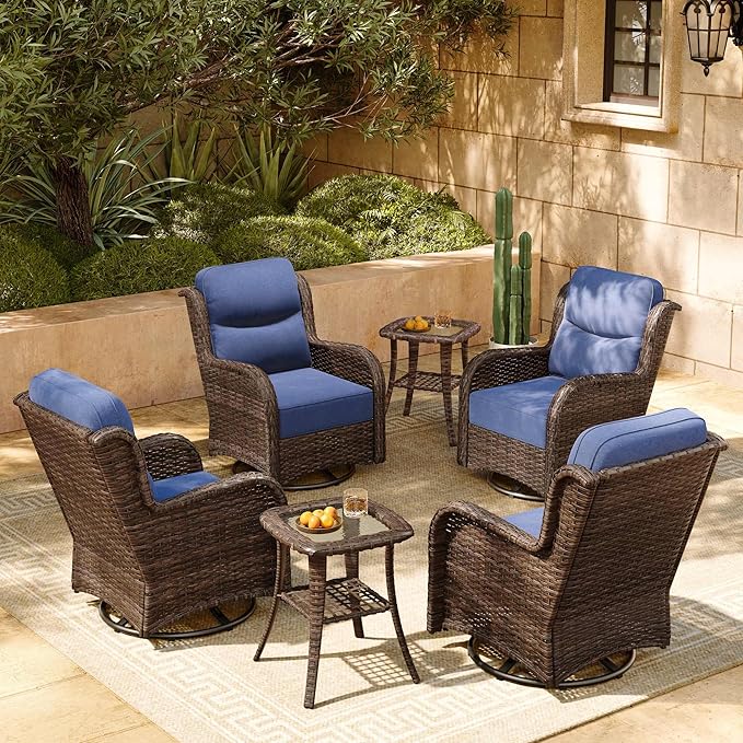 HILLGA 6-Piece Luxury Patio Furniture Set with 6" Thick Cushions, Weather-Resistant Wicker High Back Swivel Rocker Chairs, Senior-Friendly Conversation Set for Small Porch, Deck and Sunroom, Blue(V2)